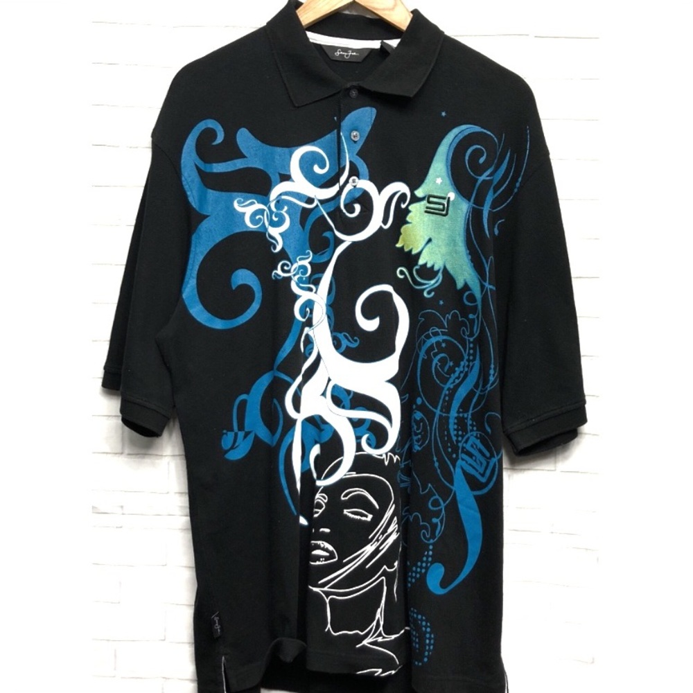 SEAN JOHN Graphic Art Abstract Black Polo Shirt XL